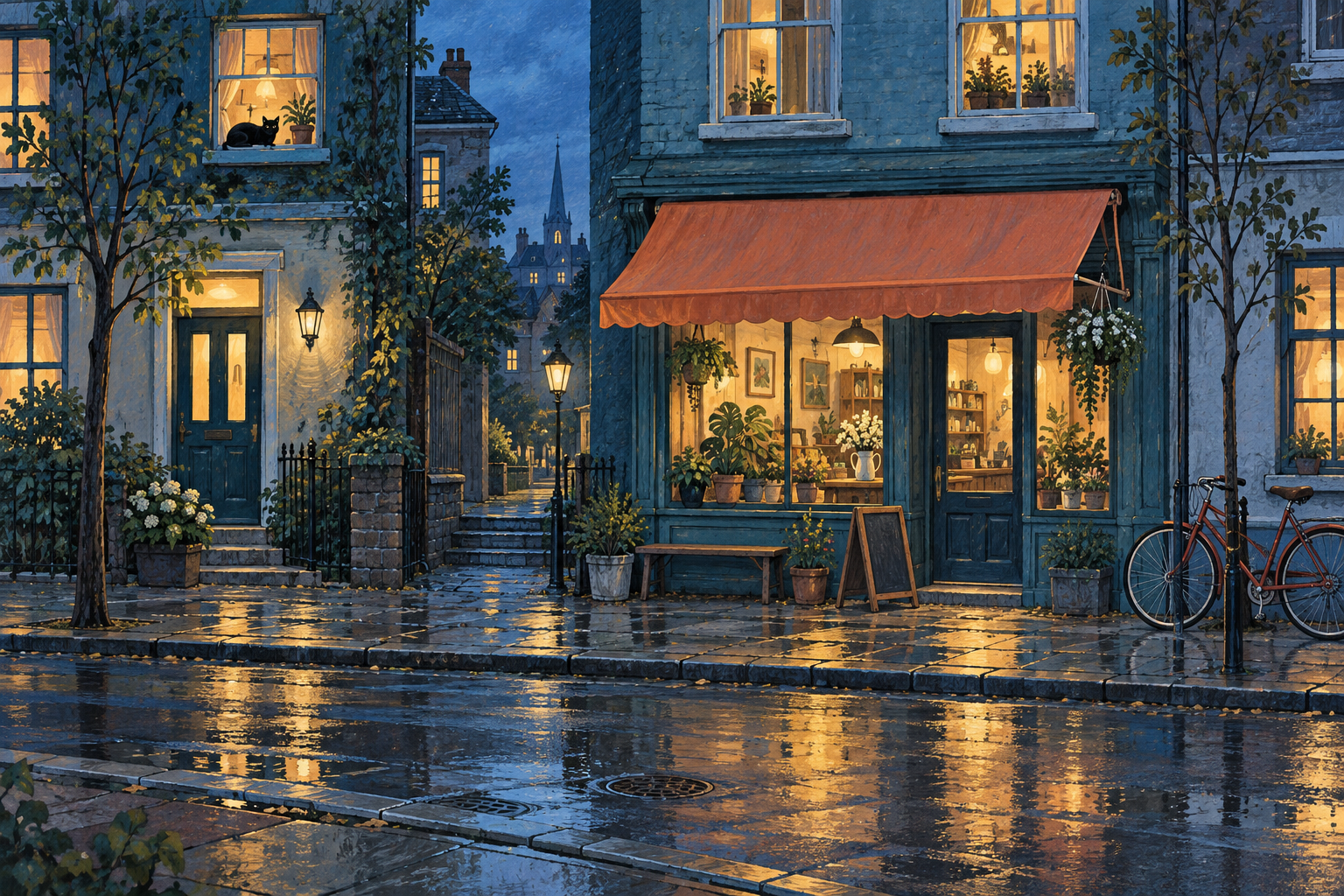 An imaginary street at blue hour: warm shop windows, a coral awning, a red bicycle and a black cat watching from upstairs.